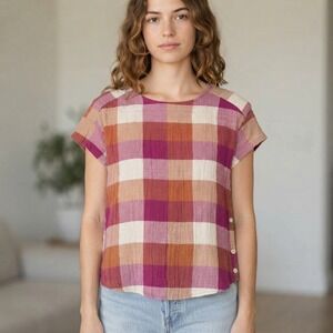 Anthropologie Isabella Sinclair Women Plaid Gauze Short Sleeve Blouse Peasant S